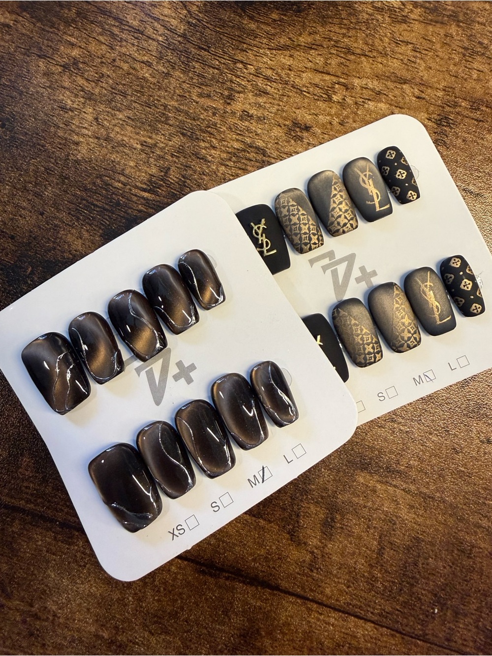 2 Press-On Nail Sets in Dark Brown Marble and Black. - Medium